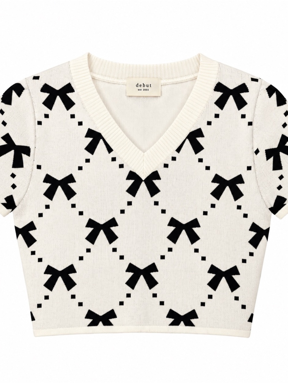 debut Cream Short-Sleeve V-Neck Knit Top with Black Bow Pattern